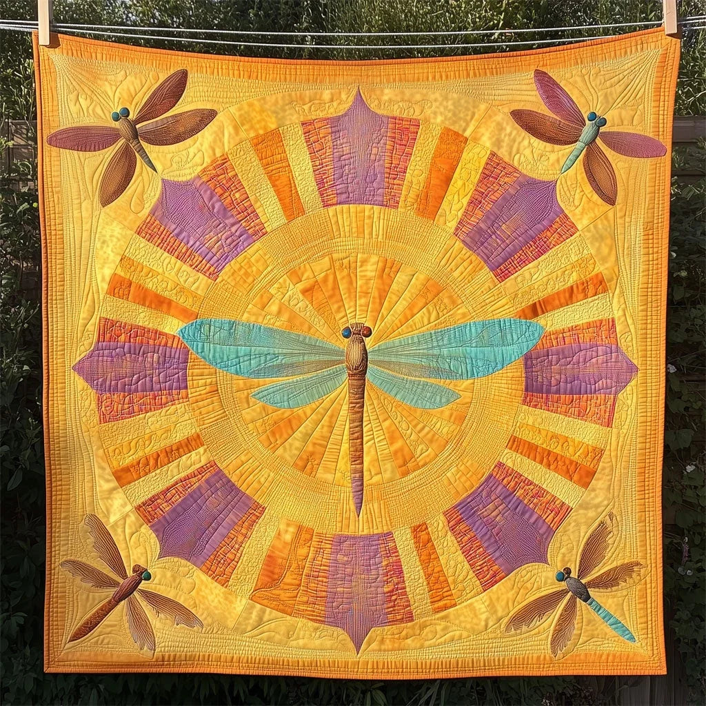 Central Mandala Dragonflies Quilt Blanket