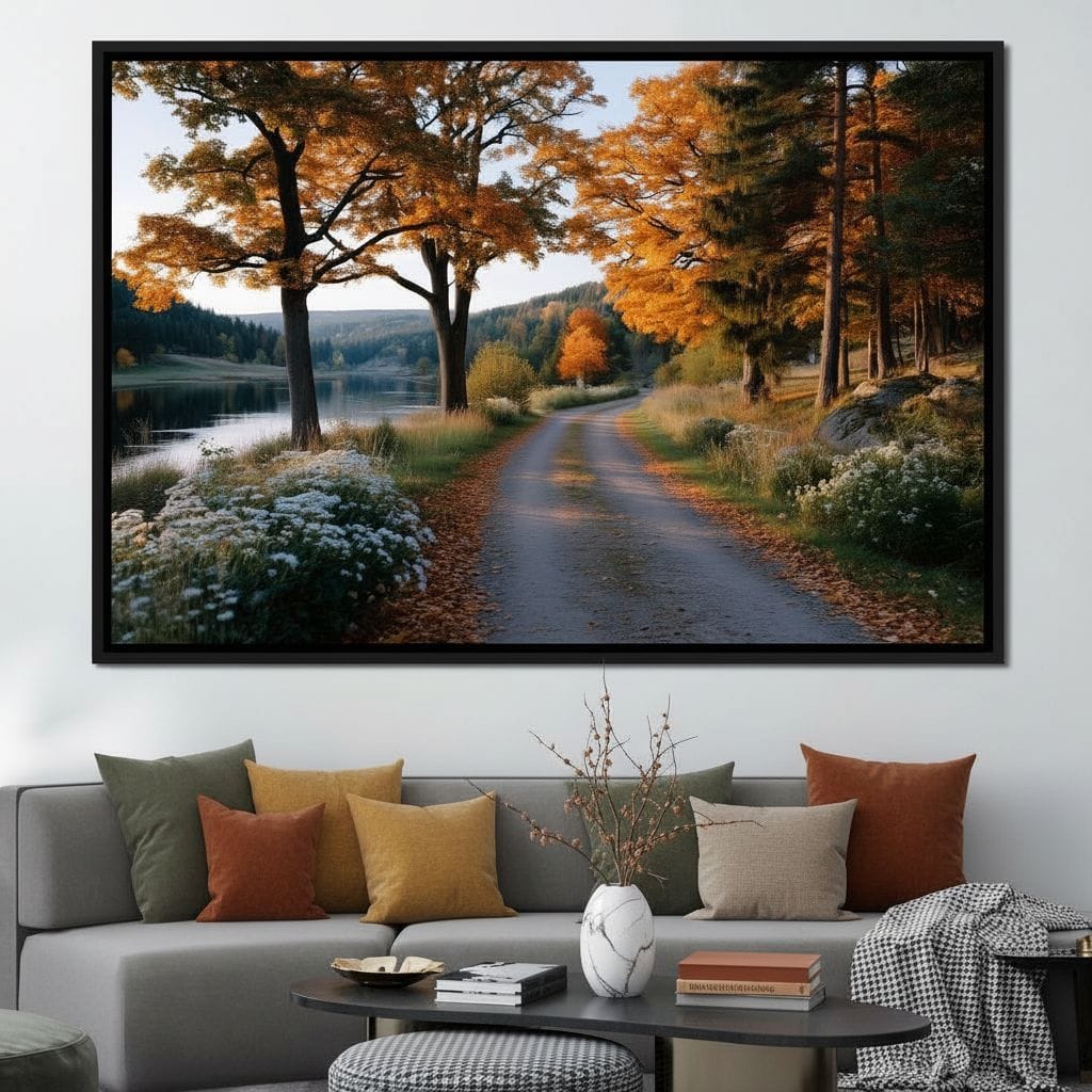 Autumn Lake Pathway Glow Canvas Wall Art