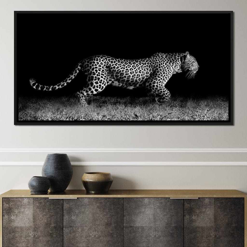 Black and White Jaguar Running Canvas Wall Art