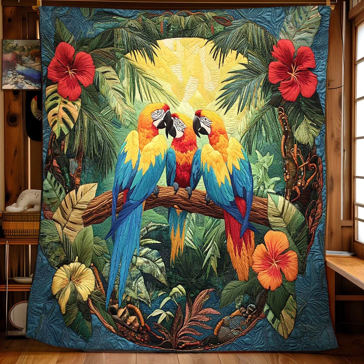 Charming Tropical Parrot Quilt Blanket