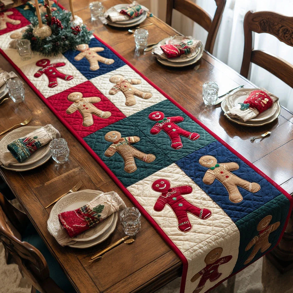 Checkered Gingerbread Man Quilted Table Runner