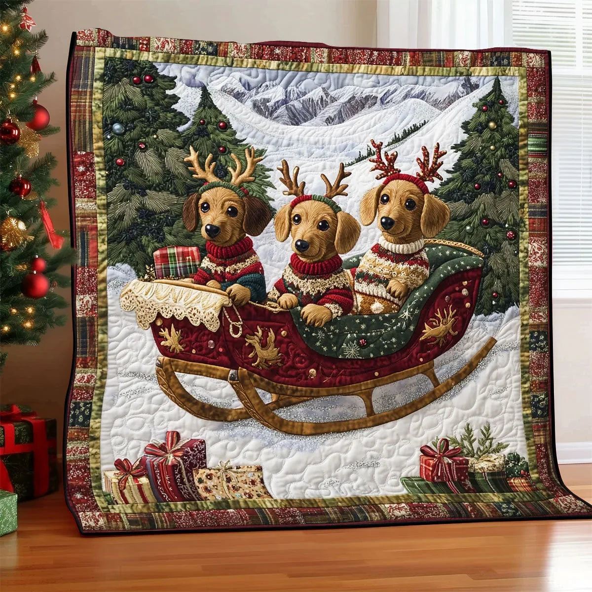 Cheerful Dachshund Quilt Blanket