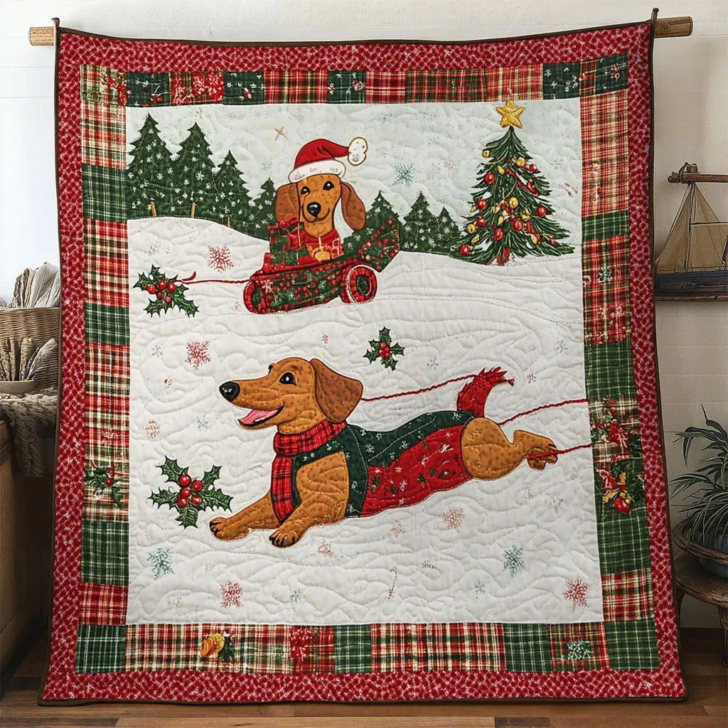 Cheerful Dachshund Sled Quilt Blanket