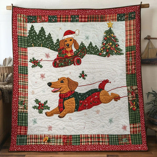 Cheerful Dachshund Sled Quilt Blanket