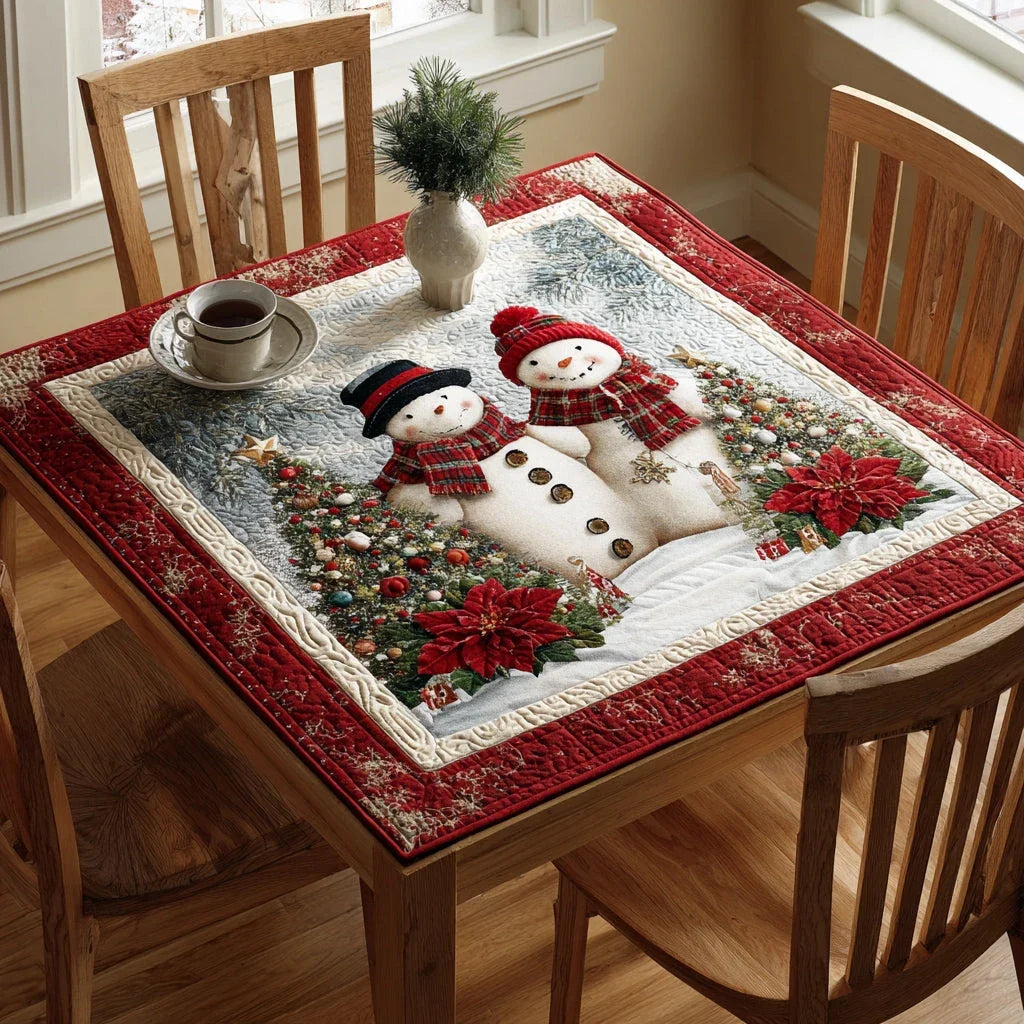 Cheerful Snowman Scene Quilted Table Topper