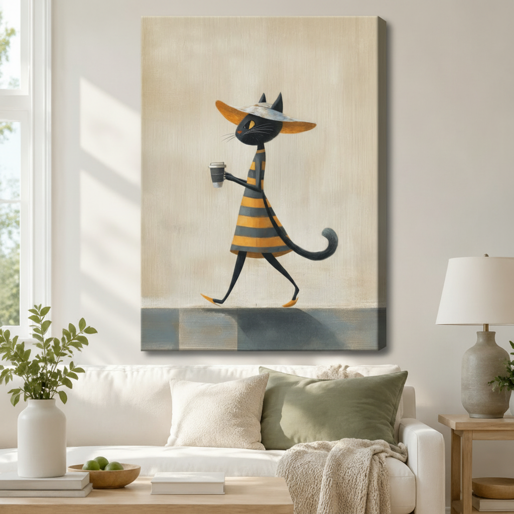 Chic Black Cat Coffee Stroll Canvas Wall Art