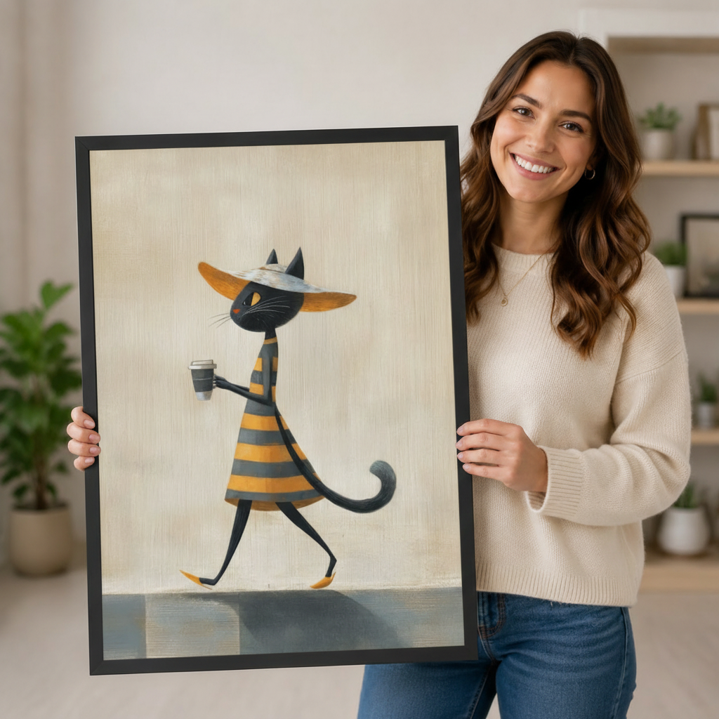 Chic Black Cat Coffee Stroll Canvas Wall Art