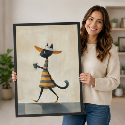 Chic Black Cat Coffee Stroll Canvas Wall Art