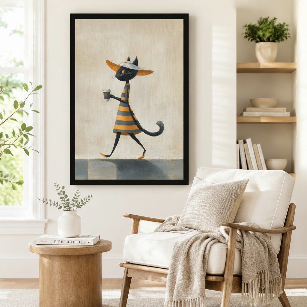 Chic Black Cat Coffee Stroll Canvas Wall Art