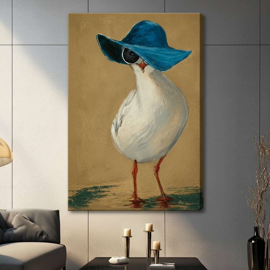 Chic Seagull Blue Hat Vintage Canvas Wall Art