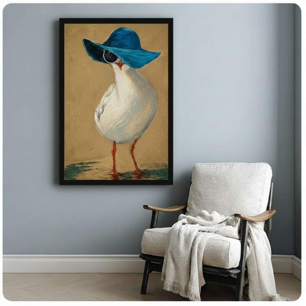 Chic Seagull Blue Hat Vintage Canvas Wall Art