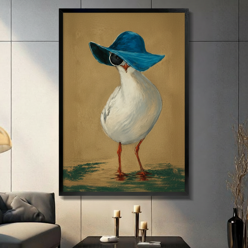 Chic Seagull Blue Hat Vintage Canvas Wall Art
