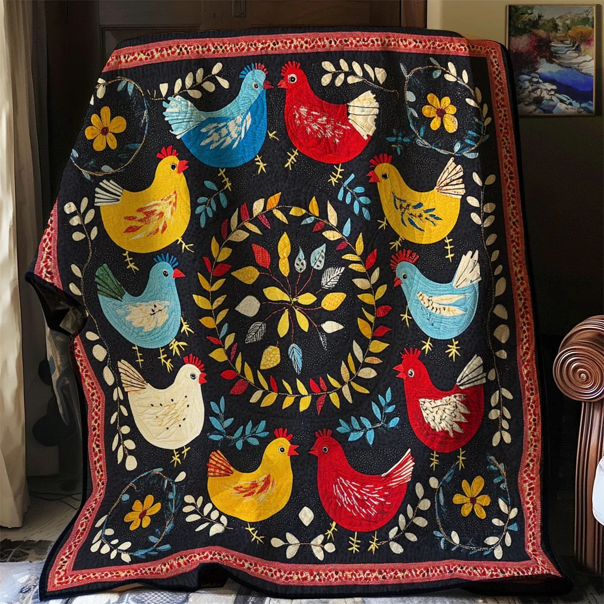 Chicken Folk Art Circle Quilt Blanket