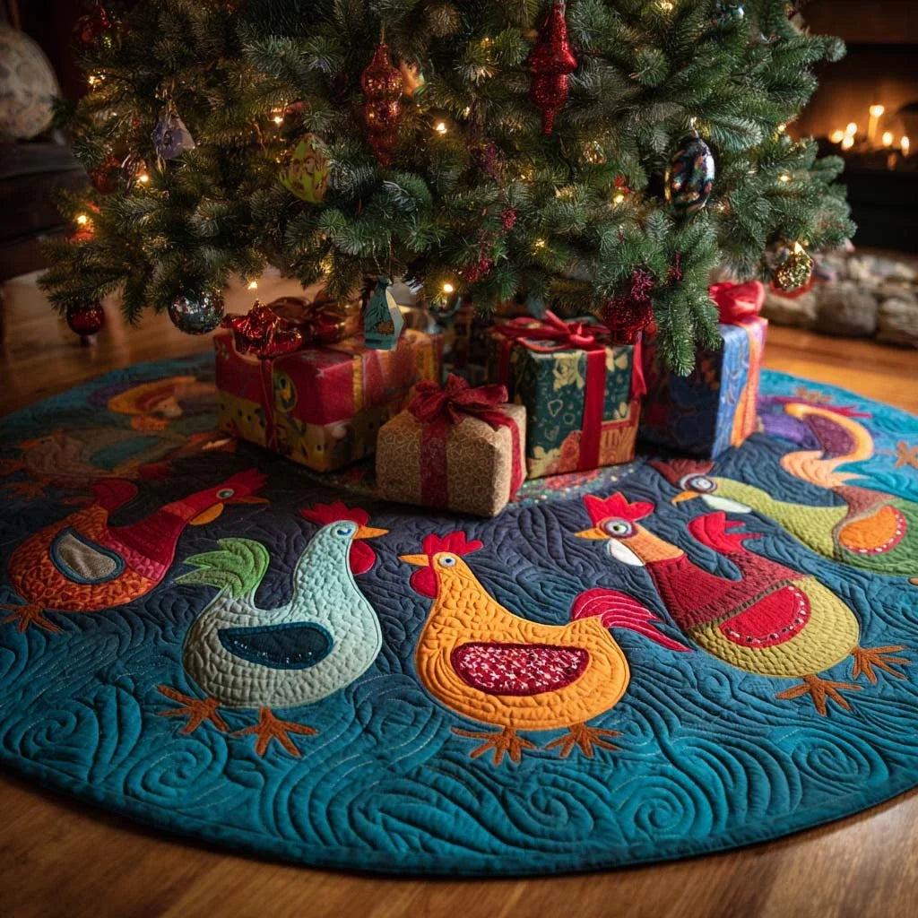 Chicken Haven Christmas Quilted Tree Skirt