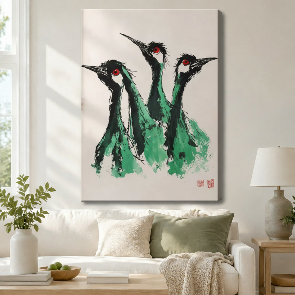 Chinese Ink Crane Trio Oriental Canvas Wall Art