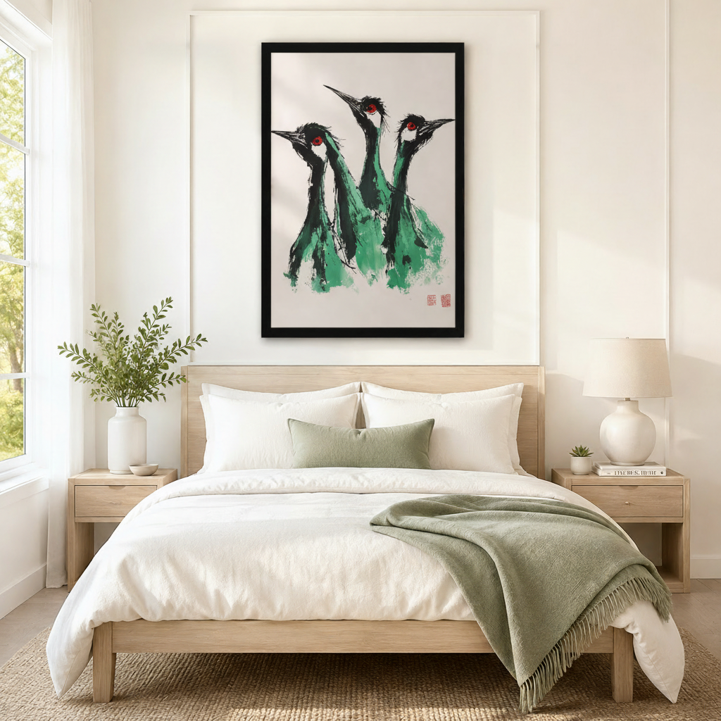 Chinese Ink Crane Trio Oriental Canvas Wall Art