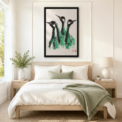 Chinese Ink Crane Trio Oriental Canvas Wall Art