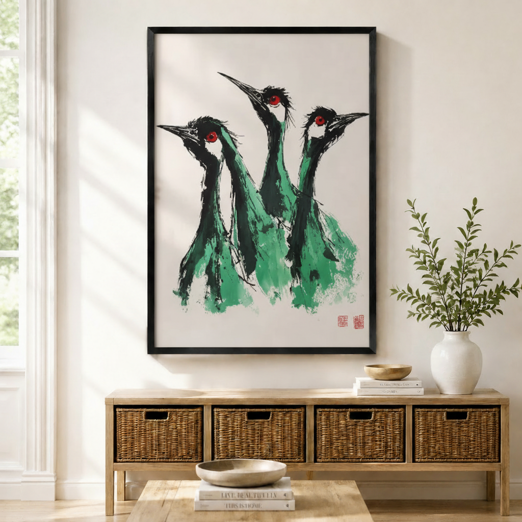 Chinese Ink Crane Trio Oriental Canvas Wall Art