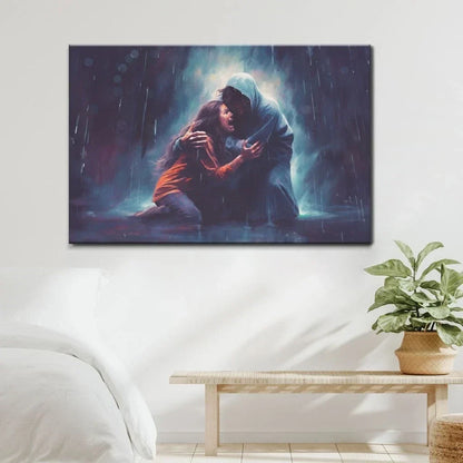 christian art jesus holds a woman in the storm wall art canvas (Landscape) (view 2)