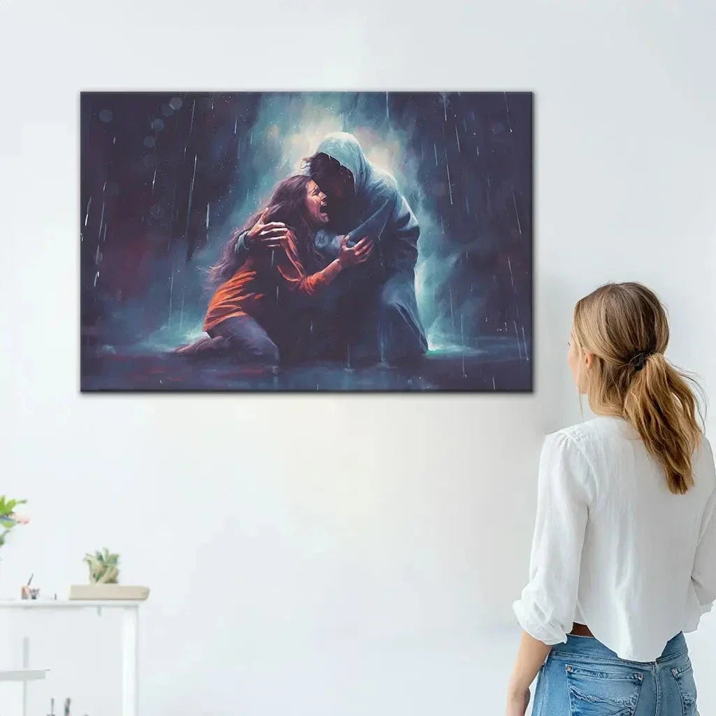 christian art jesus holds a woman in the storm wall art canvas (Landscape) (view 3)