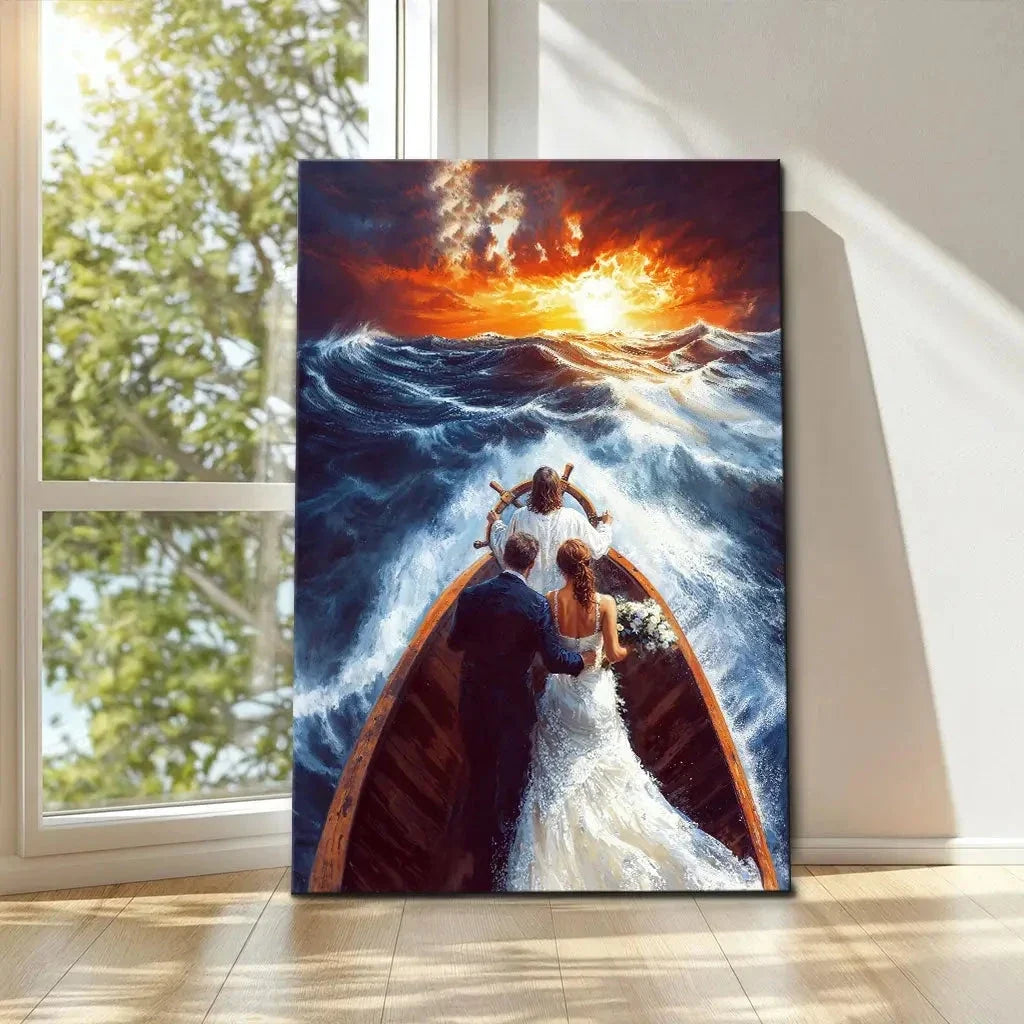 christian wall art jesus taking the wheel guiding a married couple through storms canvas (view 2)