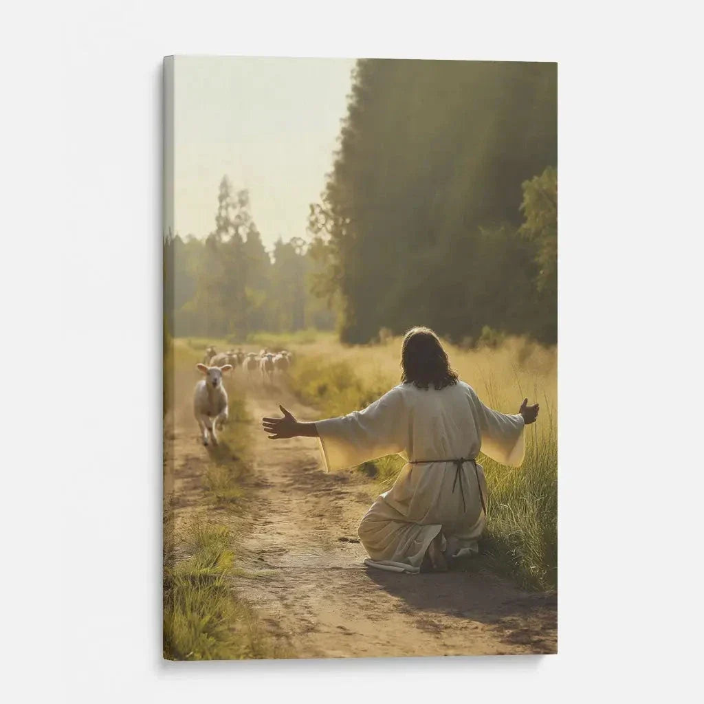 lamb runs to jesus wall art canvas (Landscape) (view 4)