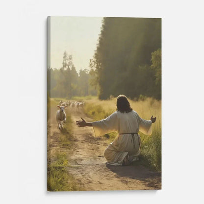 lamb runs to jesus wall art canvas (Landscape) (view 4)