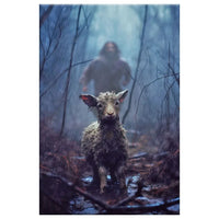 christian canvas print jesus running toward a lost lamb in a dark rainy forest wall art (Landscape)