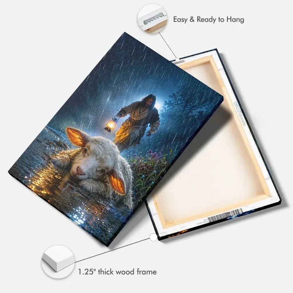jesus rescues the lost lamb in the storm christian wall art canvas (view 2)