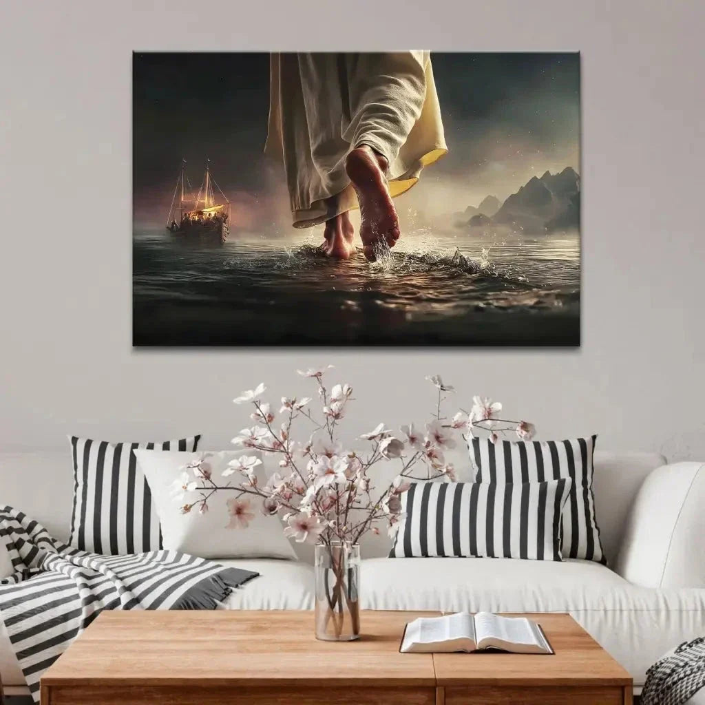 find peace in the storm jesus walking on water christian wall art canvas (Landscape) (view 5)