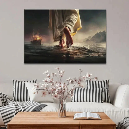 find peace in the storm jesus walking on water christian wall art canvas (Landscape) (view 5)