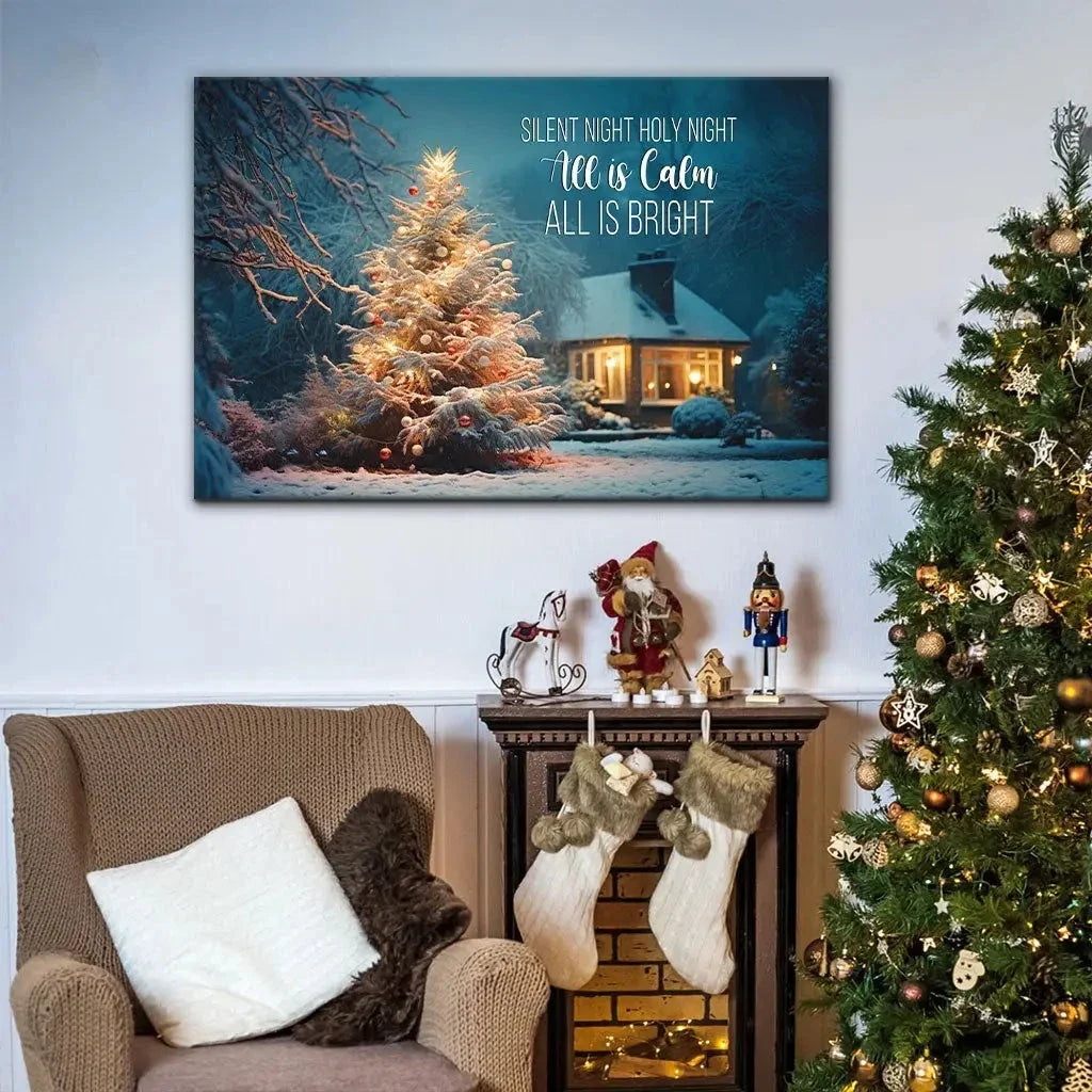 silent night holy night christmas tree wall art canvas (Landscape) (view 3)