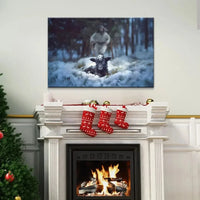 jesus running to rescue a lost sheep in a snowy forest wall art canvas (Landscape)