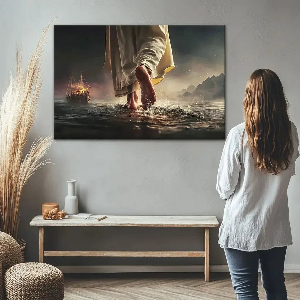 find peace in the storm jesus walking on water christian wall art canvas (Landscape) (view 6)