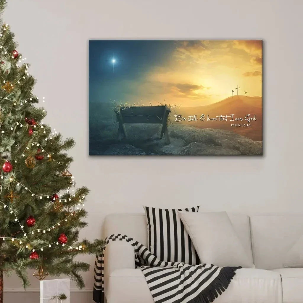 christian wall art canvas be still and know psalm 46 10 manger cross star (Landscape) (view 5)