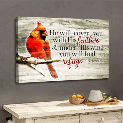 he will cover you with his feathers psalm 91 4 cardinal bird wall art canvas (Landscape) (view 2)