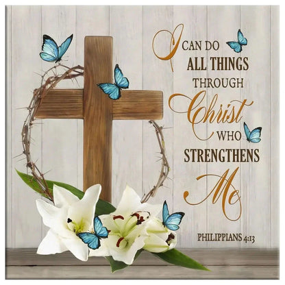 i can do all things through christ wooden cross lily flower butterflies wall art canvas (Landscape)
