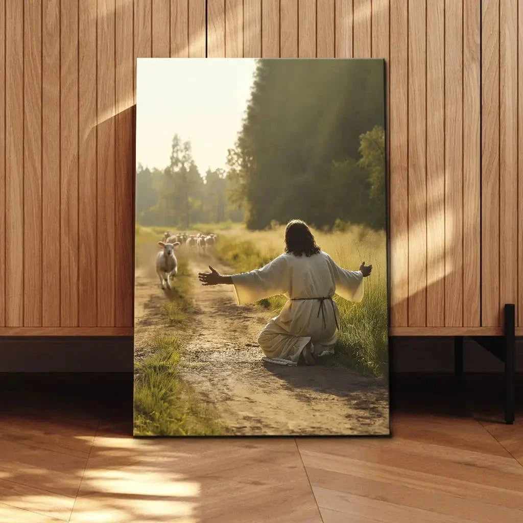 lamb runs to jesus wall art canvas (Landscape) (view 5)