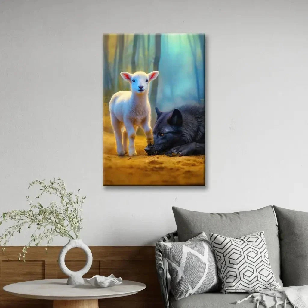 lamb stepping on wolf christian wall art canvas (view 2)