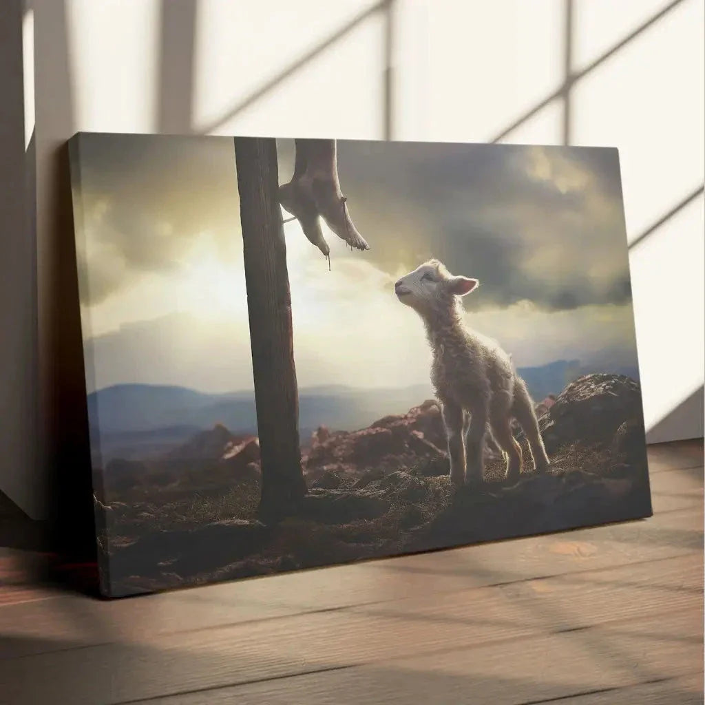 lamb looking up at feet of jesus wall art canvas (Landscape)