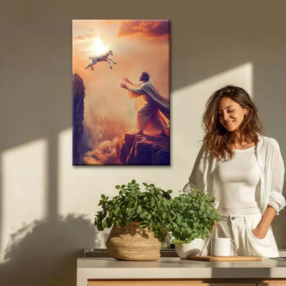 christian wall art lamb jumps to jesus canvas print (Landscape)