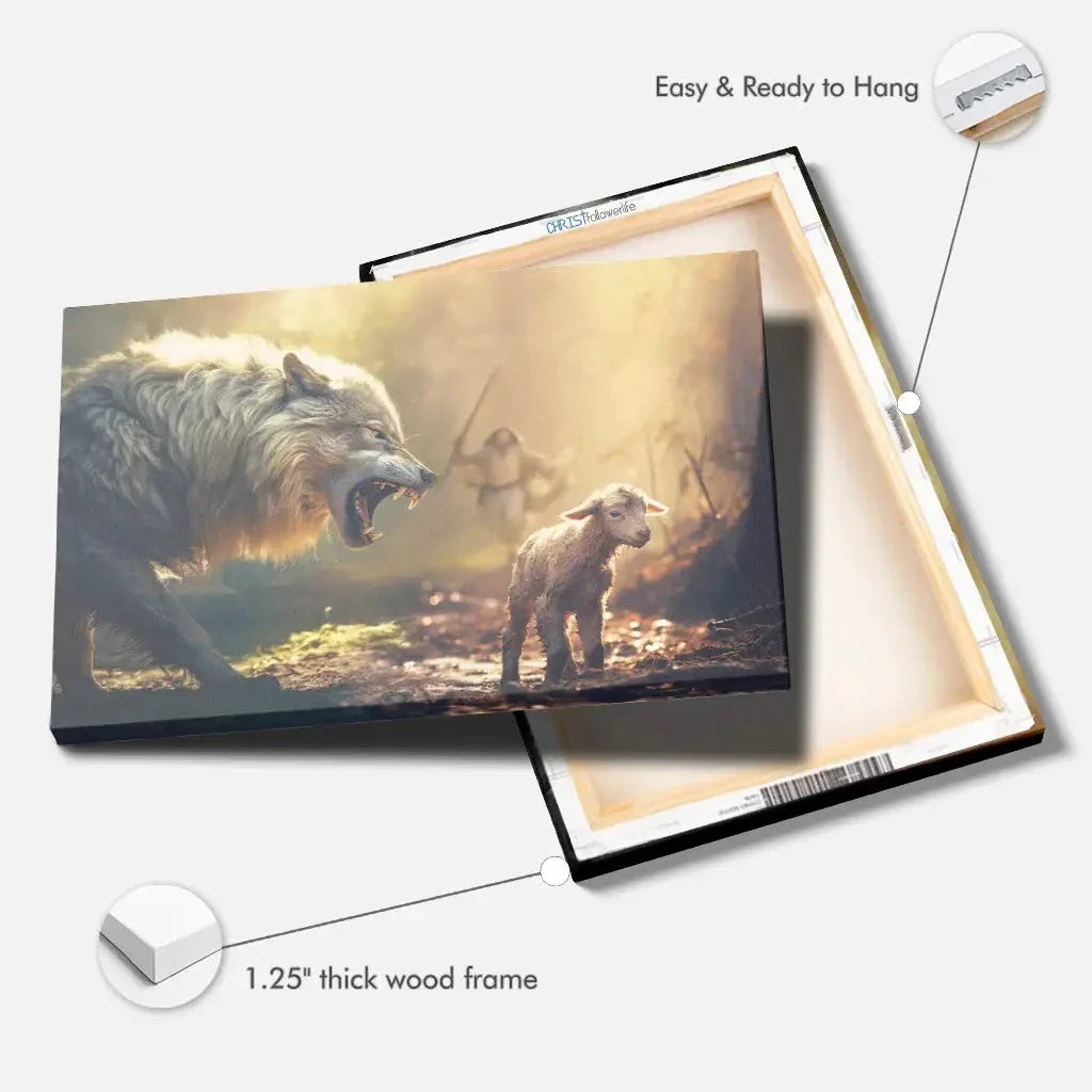 jesus running towards wolf and lamb christian wall art canvas (Landscape) (view 3)