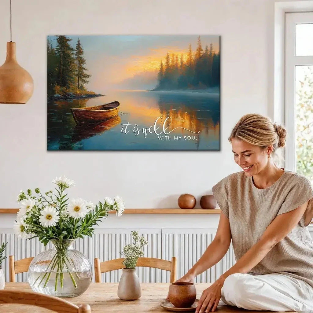 it is well with my soul tranquil lake sunrise christian wall art canvas (Landscape)