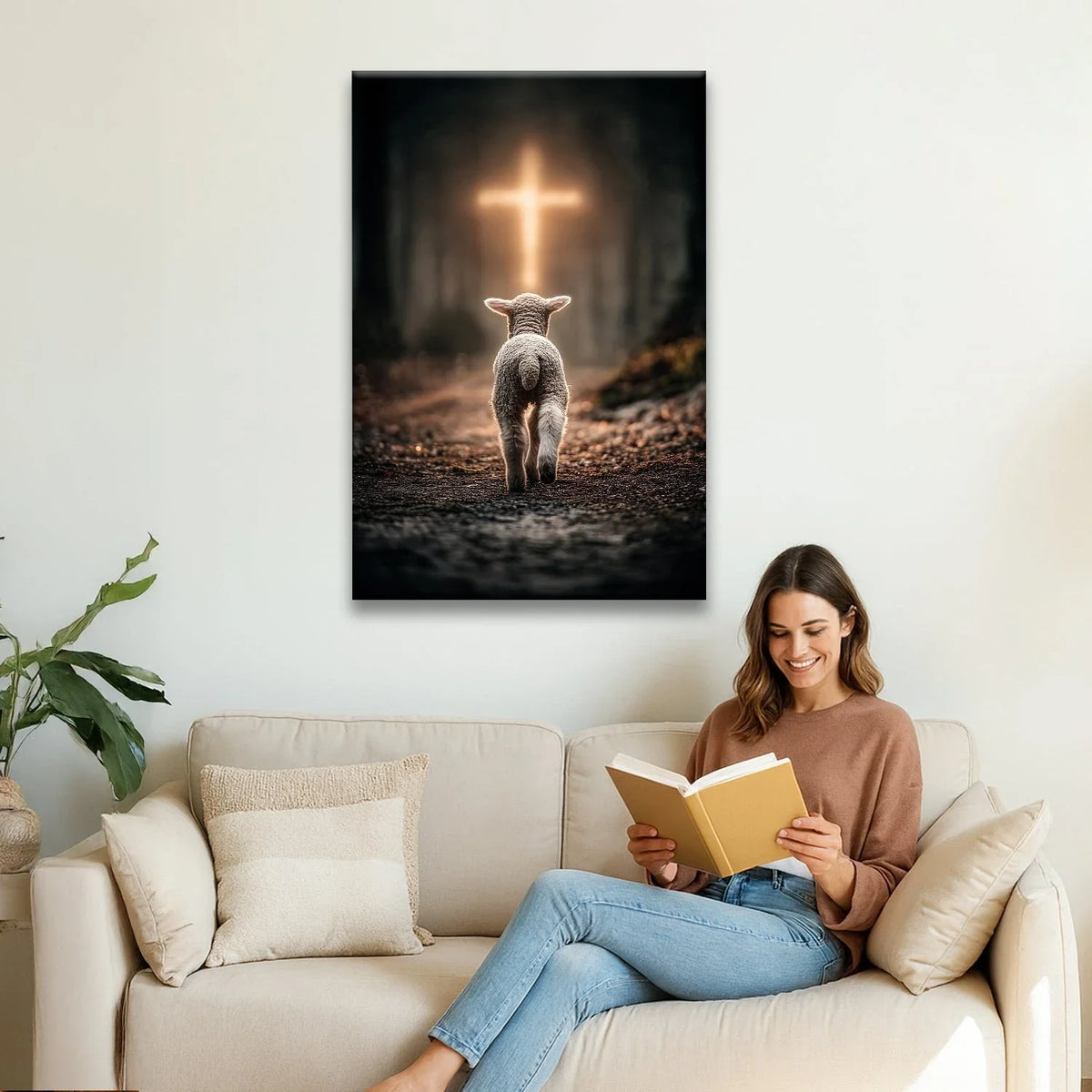 lamb walking toward the glowing cross christian wall art canvas (view 2)