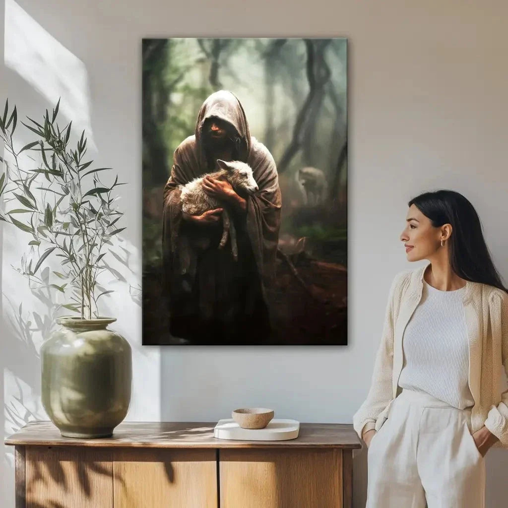 jesus carrying lost sheep wall art canvas (Landscape) (view 8)
