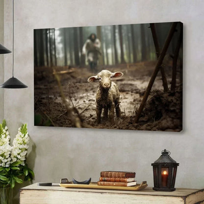 jesus running after a lost lamb jesus and lamb picture wall art canvas (Landscape)