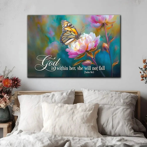 god is within her she will not fall monarch butterfly and peony christian wall art canvas (view 2)