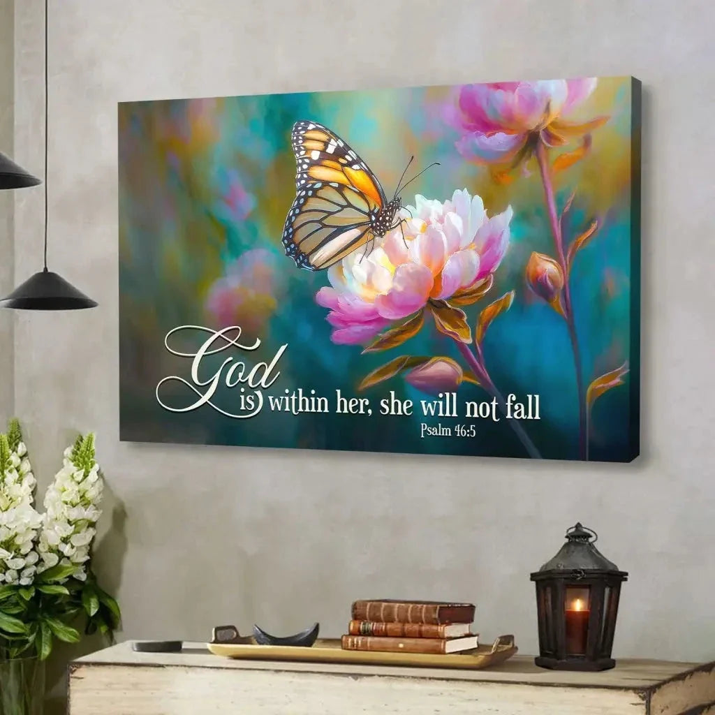 god is within her she will not fall monarch butterfly and peony christian wall art canvas (view 3)