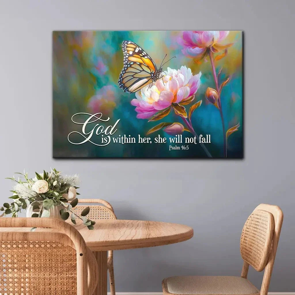 god is within her she will not fall monarch butterfly and peony christian wall art canvas (view 4)