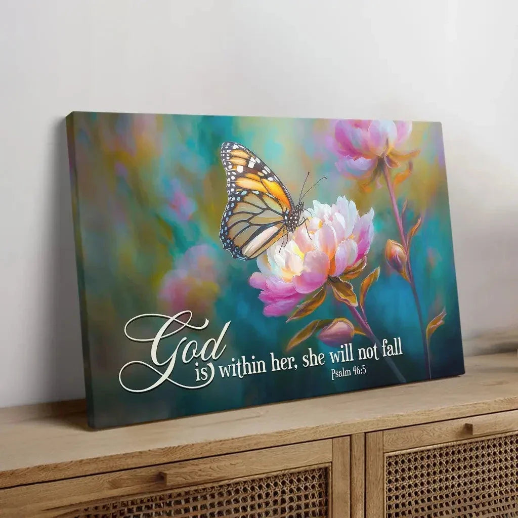 god is within her she will not fall monarch butterfly and peony christian wall art canvas (view 5)